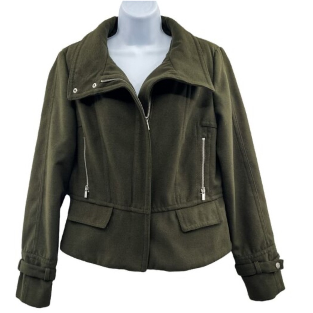 Express Zip Up Moto Jacket with Leopard Print Lining and Silver Accents, size L - Picture 13 of 13
